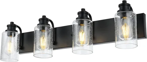 Vista 11 de Lámpara de baño vintage de 3 cabezales en acabado negro mate, pantalla de vidrio transparente clásica, iluminación de baño sobre espejo, lámpara