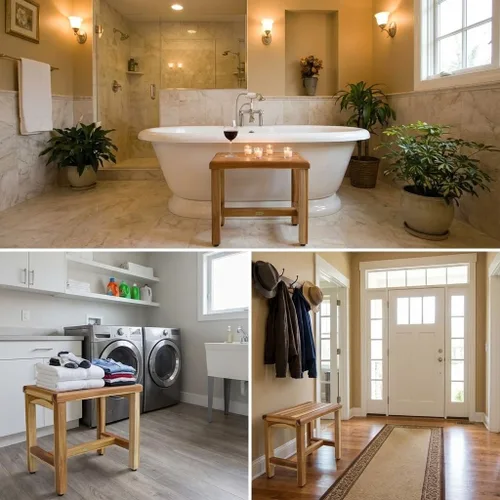 Vista 4 de EcoDecors Banco de ducha de teca natural de 18 pulgadas, impermeable Banco de ducha de teca de 18" con barra