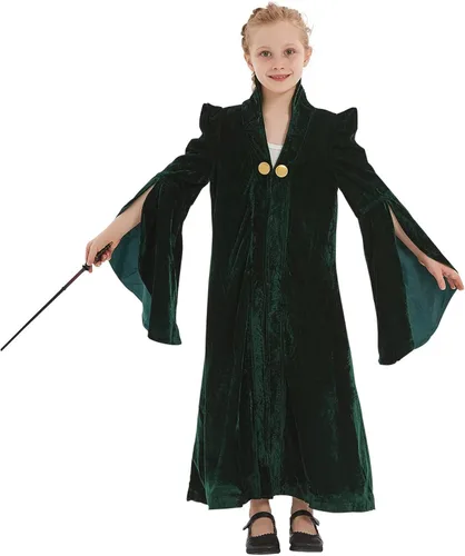 Vista 5 de Disfraz de profesor McGonagall para niños, disfraz de bruja, mago, hechicera, capa, bata de bruja para niñas, traje de Halloween
