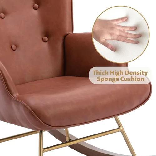 Vista 4 de DOGNNAK Mecedora de cuero marrón con respaldo copetudo con base de madera maciza, respaldo alto cómodo, sillón de ocio para sala de estar y Mecedora
