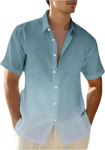 Vista 4 de Camisas con botones para hombre, de moda, de manga corta, color degradado, ajuste holgado, para vacaciones, playa, verano