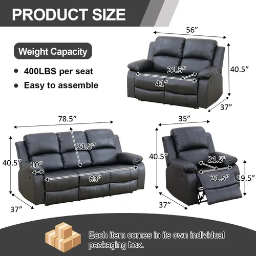 Vista 2 de Sofá reclinable de cuero, juego de muebles de sofá biplaza reclinable manual de 2 asientos, moderno sofá biplaza reclinable con reposabrazos