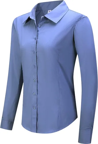 Vista 11 de Blusa de trabajo con botones para mujer, de algodón elástico, manga larga, ajuste delgado