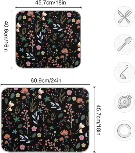 Vista 3 de Tapete de secado de platos de flores de fondo negro para encimera de cocina de 18 x 24 pulgadas, tapete de microfibra absorbente, tapete de secado