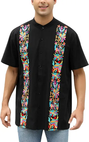 Vista 17 de Camisas mexicanas para hombre, camisas de vestir tradicionales de guayabera para hombre, con botones, cuello de banda, camisa de vestir para fiesta