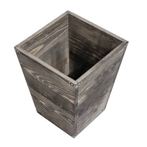 Vista 3 de Basurero cuadrado de madera estilo granja con soportes metálicos decorativos para dormitorio, sala de estar, baño y oficina, papelera (gris rocho)