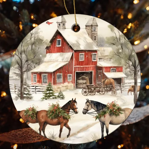 Vista 4 de Adorno navideño de caballos de granja, regalo para amantes de los caballos, de porcelana de doble cara, adorno de 3 pulgadas para árbol de Navidad