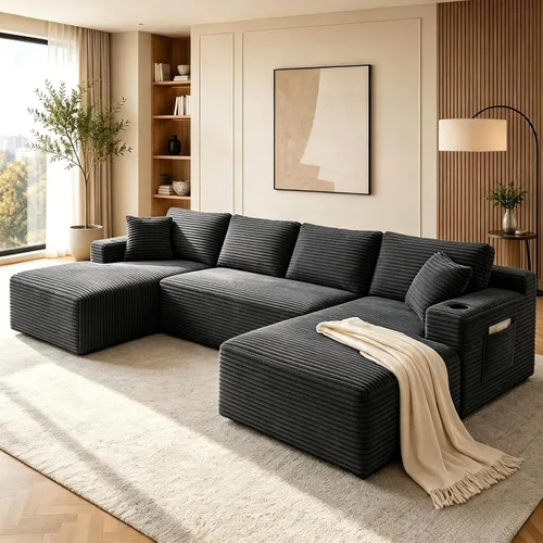 Vista 15 de Sofá cama modular de 124 pulgadas, sofá de nube sin hueso para sala de estar, sofá de 5 asientos en forma de U con 2 bolsillos de almacenamiento y 2