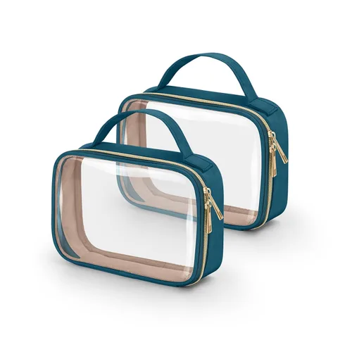 Vista 23 de Bolsa de aseo transparente Wedama, paquete de 2 bolsas de maquillaje transparentes con asas, bolsas cosméticas de PVC para mujeres y hombres, bolsas