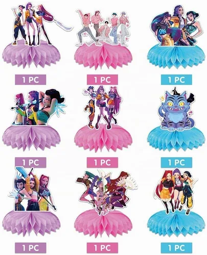 Vista 3 de Suministros para fiesta de cumpleaños de K Pop Demonio, 9 centros de mesa de panal para decoraciones de Toy K Pop Demonio, decoraciones de mesa