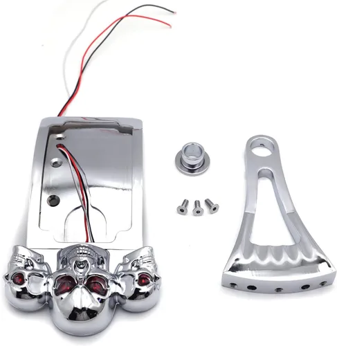 Vista 3 de Soporte de placa de matrícula de montaje lateral de curva cromada con luz trasera LED de calavera 7/8 "1" eje [P/N: USMT301A-S-CD] Cromo