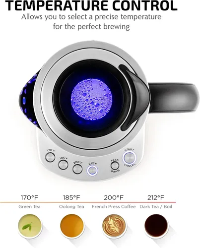 Vista 4 de OVENTE Hervidor de té eléctrico de 1.7 L con infusor extraíble, control de temperatura variable, función de mantener el calor, caldera de agua
