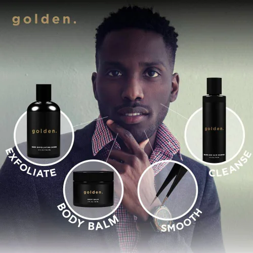 Vista 2 de Golden Grooming Co. Kit de baño y cuidado de la piel corporal para hombres, con exfoliante profundo, lavado facial, humectante, gel de baño, champú