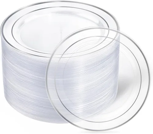 Vista 16 de I00000 60pcs 7" platos de postre de plástico de oro transparente, platos de Platos de plástico transparente con borde dorado, platos desechables