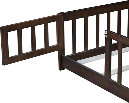 Vista 6 de Marco de cama Montessori de tamaño individual con rejillas, puerta y valla Valla Espresso
