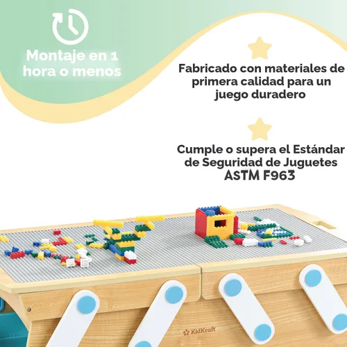 Vista 6 de KidKraft Building Bricks Play N Store Mesa de madera, almacenamiento de juguetes para niños con contenedores, más de 200 bloques de construcción