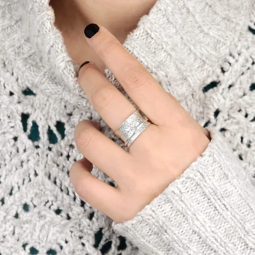 Vista 4 de Boho-Magic Anillo giratorio de plata de ley 925 para mujer, anillo martillado para inquietos, banda ancha