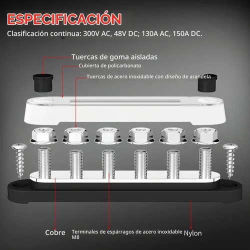Vista 5 de DAIERTEK Barra colectora de 12 V, 6 x 5/16" (M8) terminales de perno, bloque de distribución de energía de 12 voltios con tapa, barra colectora