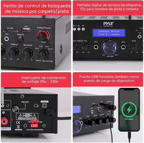 Vista 5 de [Usado] Pyle Combo de micrófono inalámbrico/amplificador Bluetooth, potencia máxima de 200 W, receptor de audio estéreo de doble canal con USB