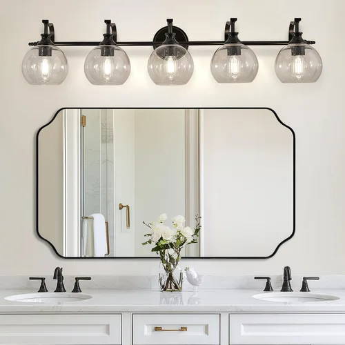 Vista 24 de ANDY STAR Lámparas de baño de níquel cepillado, luces de tocador de 1 luz, apliques modernos de pared de baño con pantalla de vidrio transparente