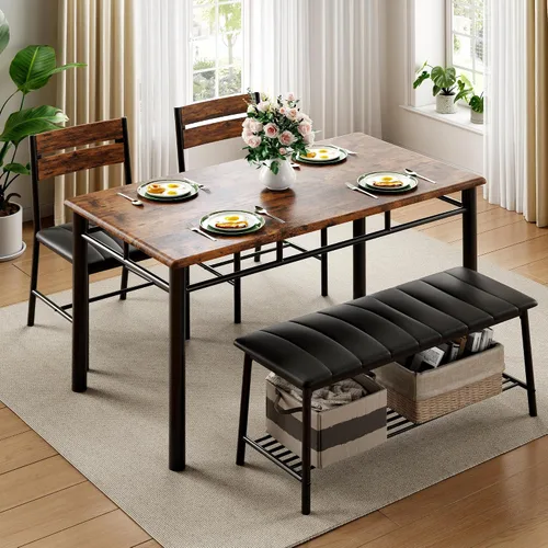 Vista 3 de IRONCK Juego de mesa de comedor para 4, juego de mesa y sillas de cocina Marrón rústico