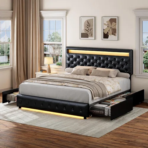 Vista 14 de Torana - Base de cama con luces LED, cabecero ajustable y 2 cajones, color blanco PU