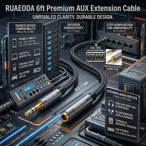 Vista 5 de Cable de extensión de auriculares de 6 pies, 2 unidades, cable de extensión de audio estéreo macho a hembra de 0.138 in - Extensor de cable auxiliar