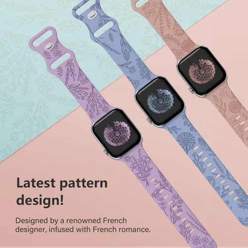 Vista 2 de Paquete de 3 correas grabadas con flores compatibles con Apple Watch de 1.496 pulgadas, 1.575 pulgadas, 1.614 pulgadas, 1.654 pulgadas, 1.732