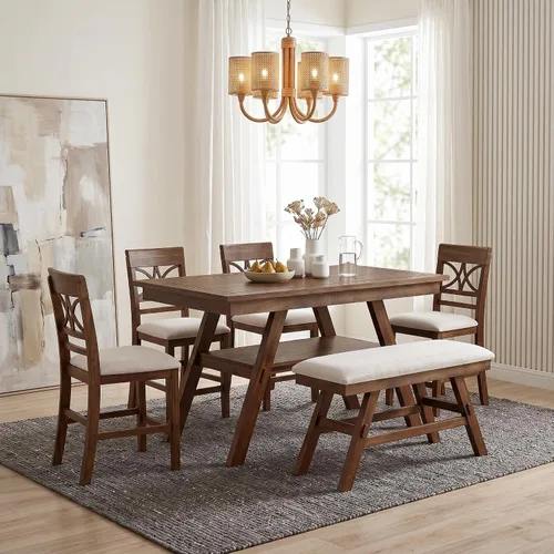 Vista 197 de Juego de mesa de comedor vintage de 6 piezas, juego de mesa de comedor de cocina de madera maciza con 4 sillas ergonómicas acolchadas y banco, mesa