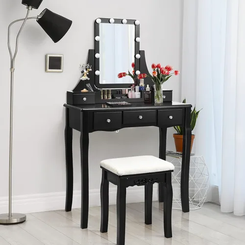 Vista 9 de LDAILY Juego de mesa de tocador con 10 luces LED, tocador de maquillaje con espejo cuadrado iluminado giratorio de 360°, taburete acolchado y 5