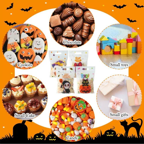 Vista 4 de Bolsas de celofán de Halloween, 40 piezas de plástico para Halloween, dulces, galletas, aperitivos, bolsa de sellado de regalo, bolsa a granel