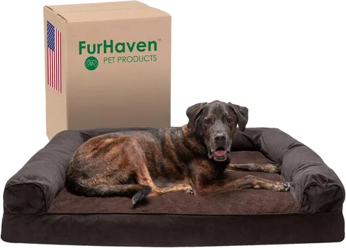 Vista 18 de Furhaven Cama para perro, de espuma viscoelástica, estilo sofá, Sherpa y chenilla, crema, M