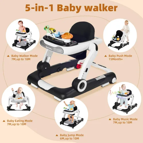 Vista 4 de Andador de bebé 5 en 1 con ruedas, andadores de bebé para niños y niñas de 6 a 18 meses, andador plegable ajustable con saltador, bandeja de Negro