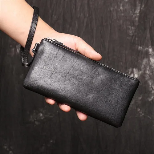 Vista 3 de Bolso de mano de cuero para hombre, bolso de mano de gran capacidad con cremallera larga, con tarjetero multifunción