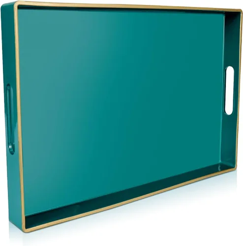 Vista 8 de Gifturbo - Bandeja de servir negra, bandejas de servir decorativas de mármol con asas, bandejas rectangulares de plástico para mesa de café otomanas