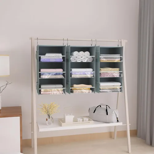 Vista 2 de Organizador de armario colgante de 3 estantes, diseño de borde frontal, estantes de almacenamiento de armario colgantes más anchos y plegables con 4