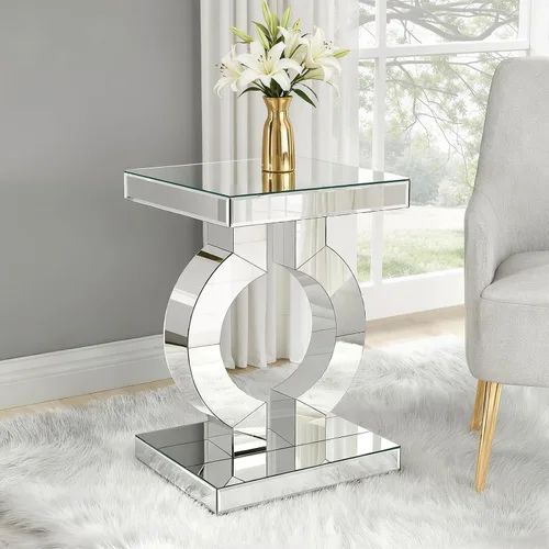 Vista 10 de Mesa auxiliar plateada con incrustaciones de cristal, mesa auxiliar moderna, mesa auxiliar cuadrada pequeña para sala de estar, dormitorio