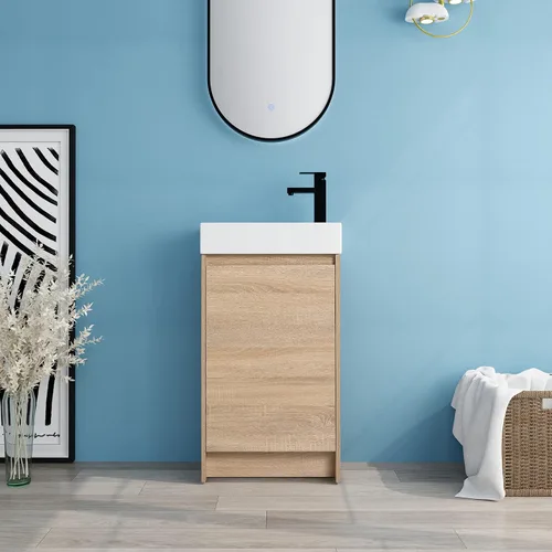 Vista 8 de Tocador de baño pequeño de 16 pulgadas con lavabo, tocador de baño independiente de 16" para espacios pequeños, gabinete de madera contrachapada