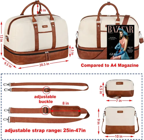 Vista 4 de IBFUN Bolsas de fin de semana para mujer, bolsa grande de lona para viaje, bolsa de viaje con compartimento para zapatos, 21 pulgadas, juego de 3