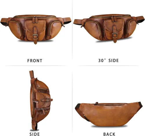 Vista 5 de Riñonera de cuero genuino para hombres y mujeres, bolso bandolera de cuero real, bolso cruzado de moda, bolso de cintura de moda, Marrón, Riñonera