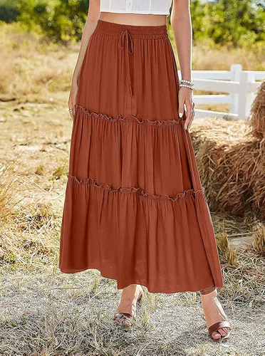 Vista 3 de Avanova Falda larga de cintura alta elástica para mujer, con volantes, estilo casual, con cintura alta