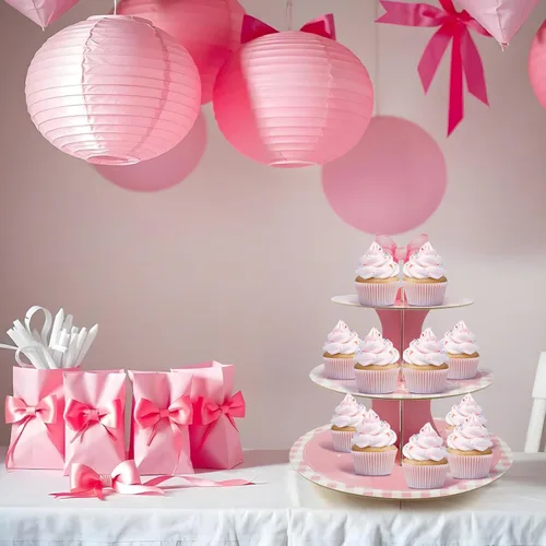 Vista 5 de Soporte redondo de 3 niveles para cupcakes con diseño de lazo rosa, capacidad para 8-12 cupcakes, impermeable y reutilizable, fácil de montar, ideal