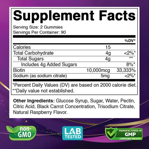 Vista 2 de Vitabod Gomitas Biotin de 10,000 mcg – 180 gomitas veganas para el cabello, la piel y las uñas para mujeres, hombres y niños – sin OMG, sin gluten