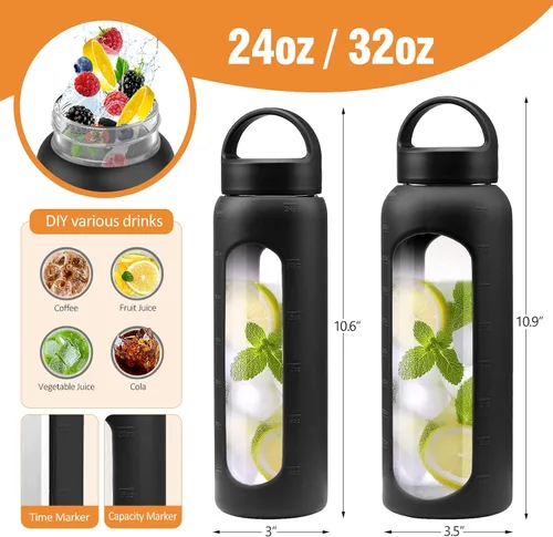 Vista 3 de WINSA - Botella de agua de vidrio de 24 onzas, vaso de vidrio con popote, botellas reutilizables con 2 tapas - Tapa con asa y tapa de bambú