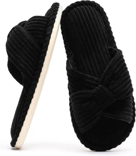Vista 12 de Chantomoo Pantuflas para mujer, de espuma viscoelástica, para el hogar, dormitorio, baño, spa, puntera abierta, con lazo de pana, acogedoras
