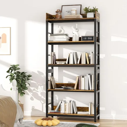 Vista 2 de Aquzee Librería, 66 "H 5-Tiers Heavy Duty Industrial Estantería de Madera y Metal, Rústica y Negro Unidades de Estante Alto para el Hogar, Oficina