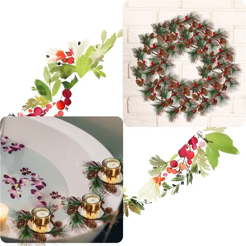 Vista 6 de 6 Piezas de Anillo de Vela de Navidad Portavelas de Navidad Artificial con Bayas, Conos de Pino, Coronas Pequeñas para Decoración Festiva de Boda