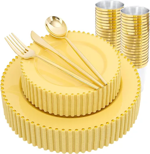 Vista 20 de supernal 100 piezas Platos de plástico negros y dorados, platos desechables negros, suministros de fiesta de Halloween que incluyen 50 platos