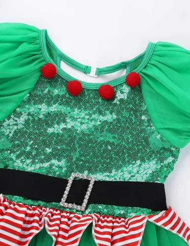 Vista 5 de Disfraz de elfo de Navidad para niñas, vestido tutú de malla con lentejuelas y pompón con sombrero para cosplay