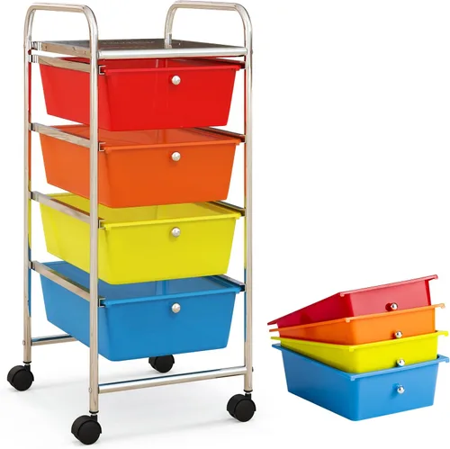 Vista 20 de COSTWAY Carrito de almacenamiento rodante con 4 cajones, carrito de almacenamiento de plástico y organizador con 4 cajones extraíbles, carrito